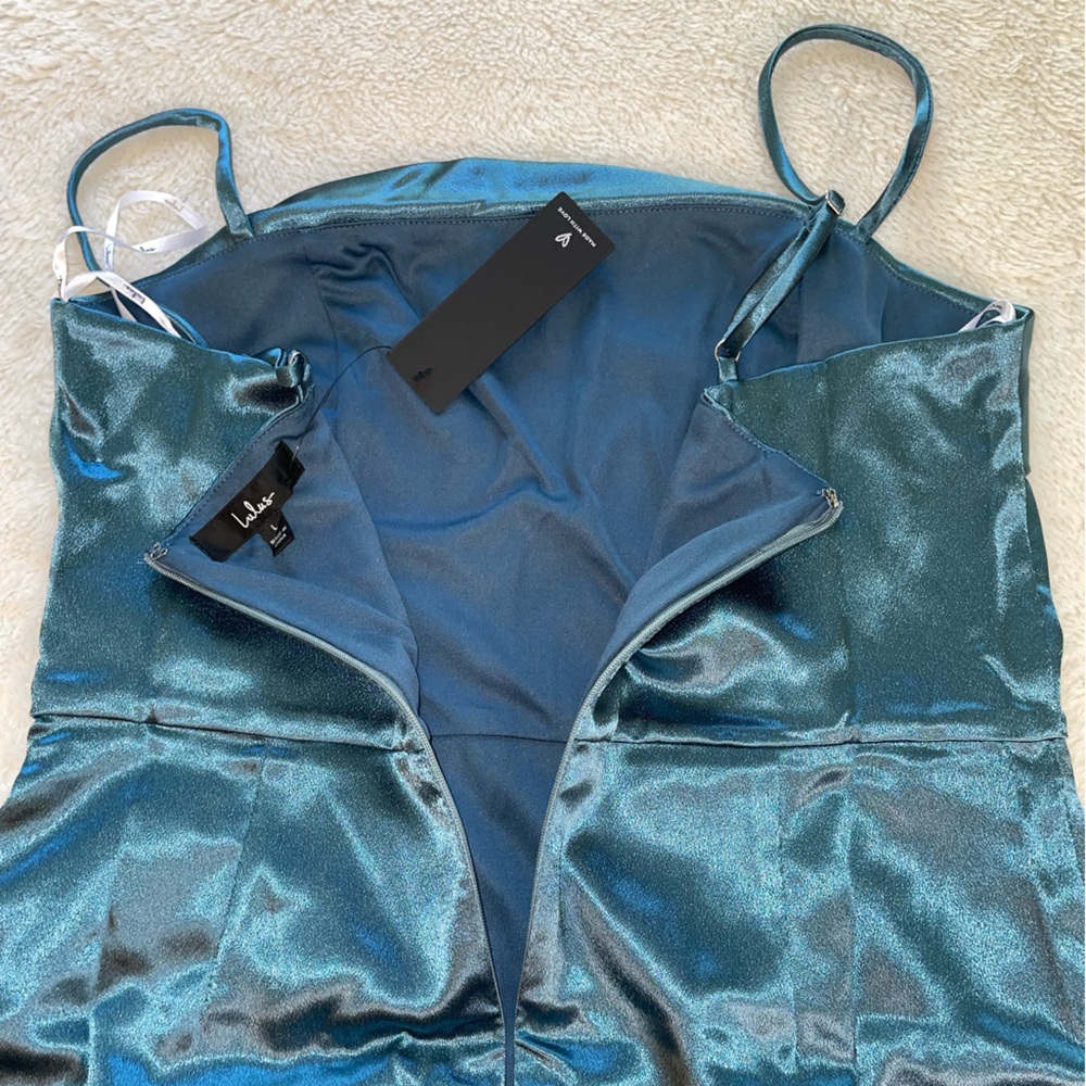 Lulus Dancefloor‎ Drama Slate Blue Satin Bodycon Mini Dress - Picture 8 of 9